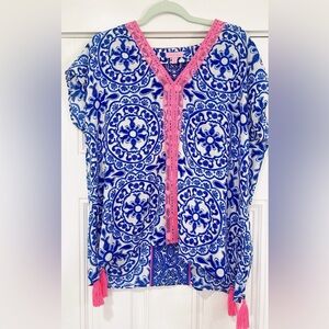 Lilly Pulitzer Sydney Caftan Tunic Top Blue White & Pink Tassels Women's Sz S/M